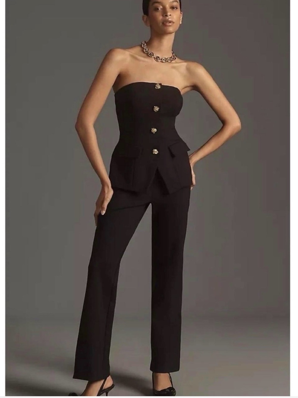 Anthropologie Black Strapless Tailored Jumpsuit with Gold Buttons